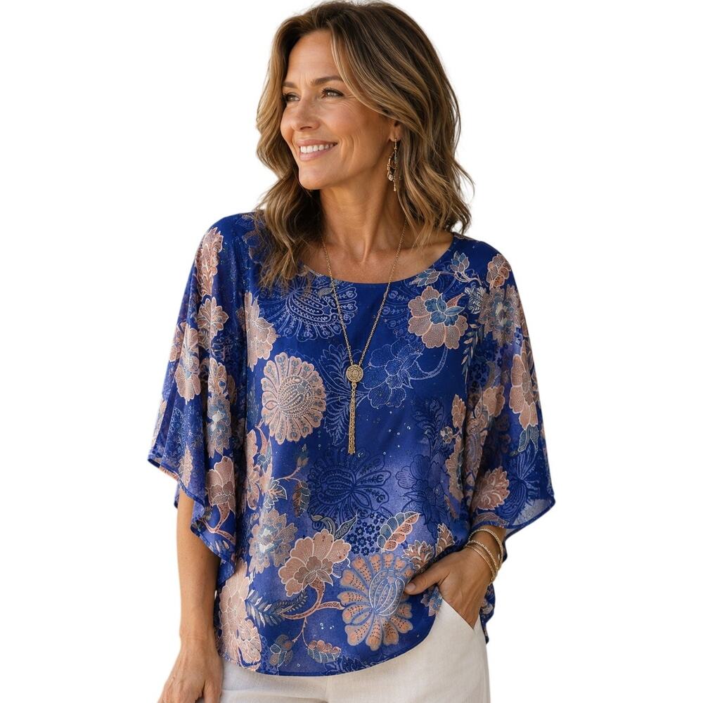 Bob Mackie Zen Garden Caftan Top Womens Small Blue Pink Floral Sparkle Blouse